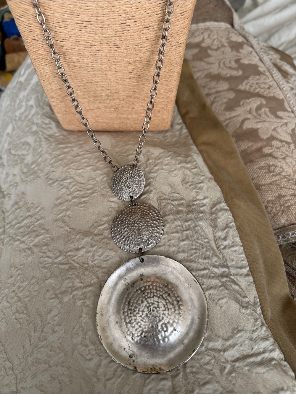 Hammered Silver-Tone Disc Pendant Necklace  long adjustable